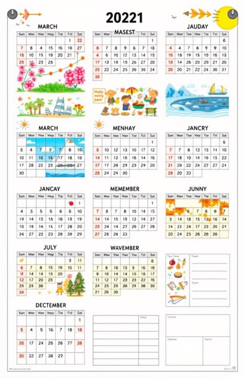 A vibrant and detailed calendar layout for an entire year (365 days), incorporating colorful illustrations for each month representing seasonal changes and holidays