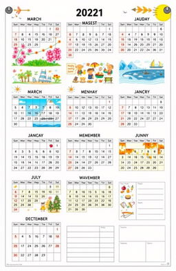 A vibrant and detailed calendar layout for an entire year (365 days), incorporating colorful illustrations for each month representing seasonal changes and holidays