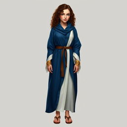 A standing female hobbit with brown curly hair, embodying the essence of a wizard