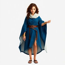A standing female hobbit with brown curly hair, embodying the essence of a wizard