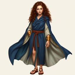 A standing female hobbit with brown curly hair, embodying the essence of a wizard