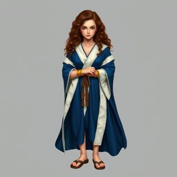 A standing female hobbit with brown curly hair, embodying the essence of a wizard