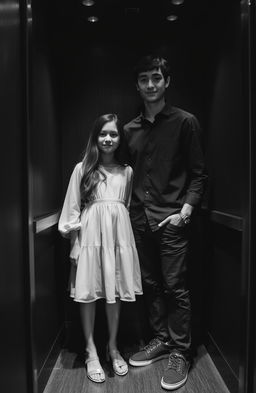 A teenage girl and a tall teenage boy standing closely in an elevator