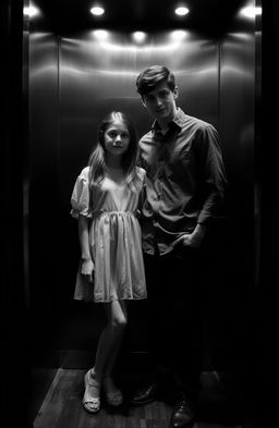 A teenage girl and a tall teenage boy standing closely in an elevator