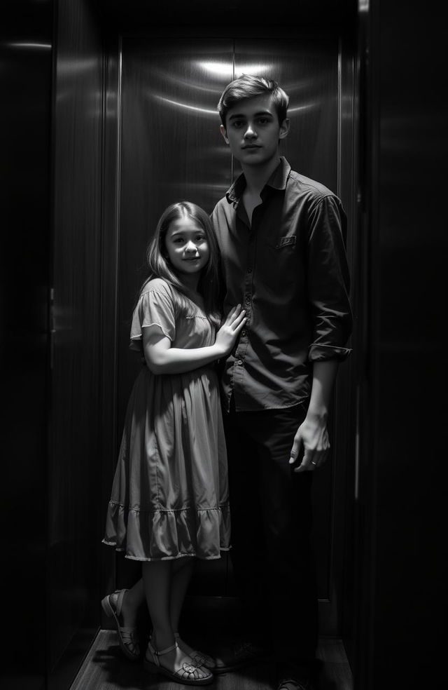 A teenage girl and a tall teenage boy standing closely in an elevator