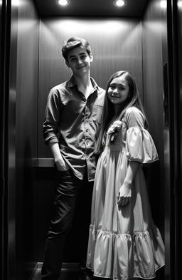 A teenage girl and a tall teenage boy standing closely in an elevator