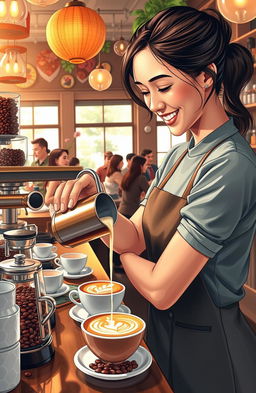 An artistic representation featuring a skilled barista in action, showcasing their expertise in coffee making