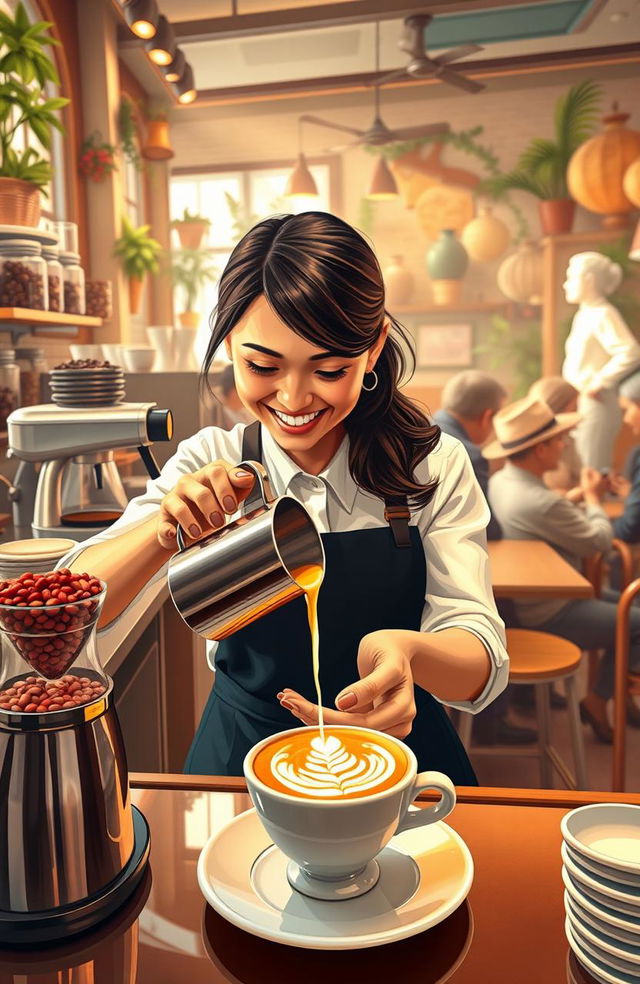 An artistic representation featuring a skilled barista in action, showcasing their expertise in coffee making