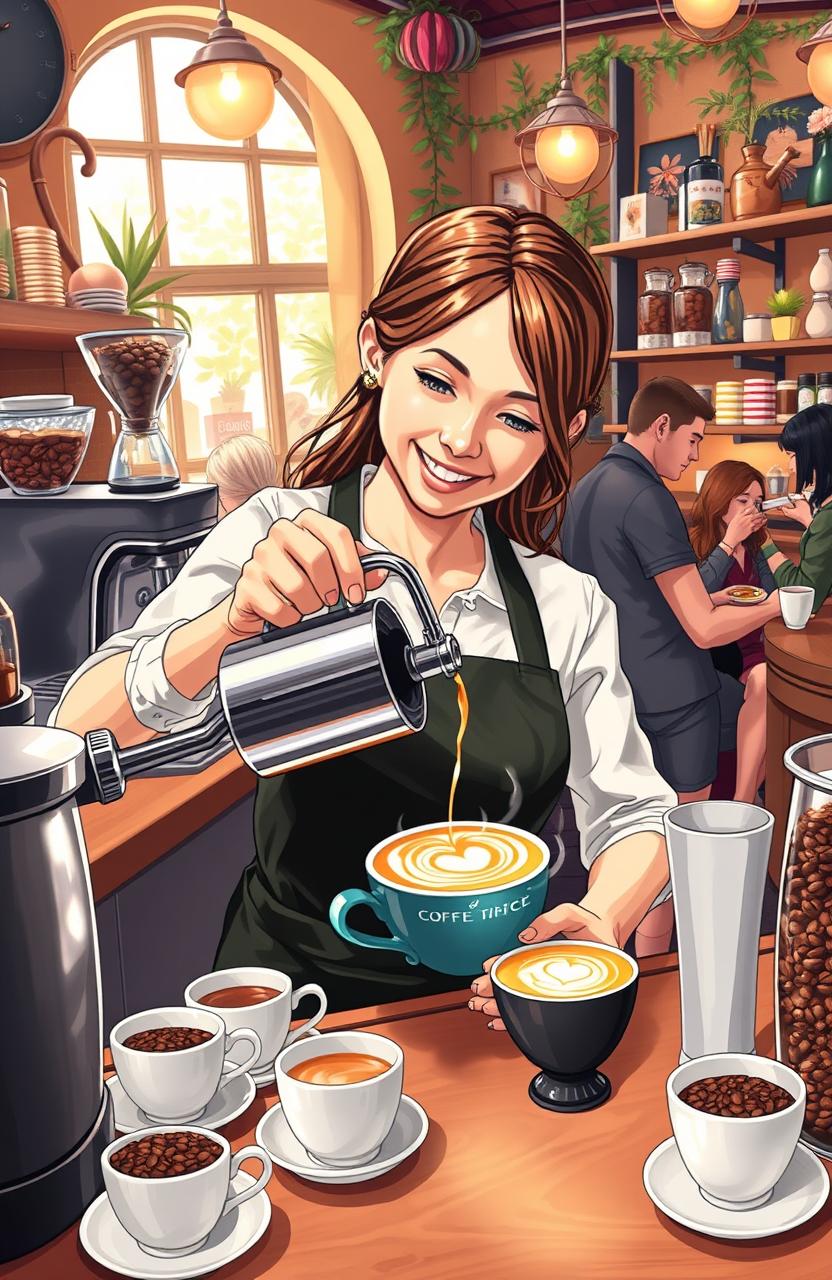 An artistic representation featuring a skilled barista in action, showcasing their expertise in coffee making