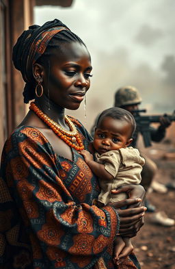 A black woman wearing modern African attire, with intricate patterns and vibrant colors, has tears streaming down her face as she cradles a child in her arms