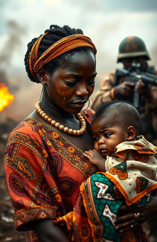 A black woman wearing modern African attire, with intricate patterns and vibrant colors, has tears streaming down her face as she cradles a child in her arms