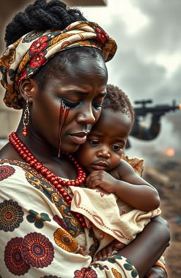 A black woman wearing modern African attire, with intricate patterns and vibrant colors, has tears streaming down her face as she cradles a child in her arms