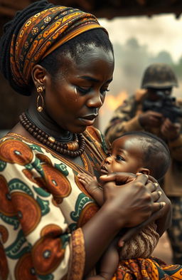 A black woman wearing modern African attire, with intricate patterns and vibrant colors, has tears streaming down her face as she cradles a child in her arms