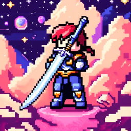 Pixel art profile picture featuring a standalone sword against a cosmic background.