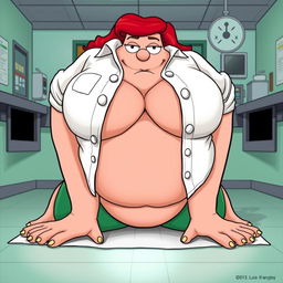 A cartoon-style depiction of Lois Griffin, styled humorously and suggestively, on all fours in a hospital setting