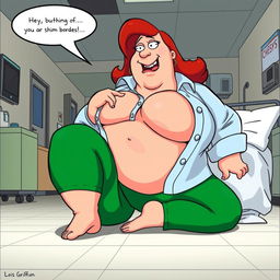 A cartoon-style depiction of Lois Griffin, styled humorously and suggestively, on all fours in a hospital setting