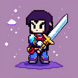 Pixel art profile picture featuring a standalone sword against a cosmic background.