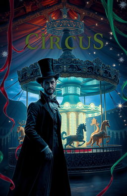 A dark and enchanting fantasy circus book cover, featuring an ornate carousel with mystical animals, glowing brightly against a twilight sky