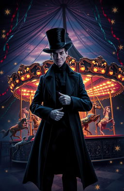 A dark and enchanting fantasy circus book cover, featuring an ornate carousel with mystical animals, glowing brightly against a twilight sky