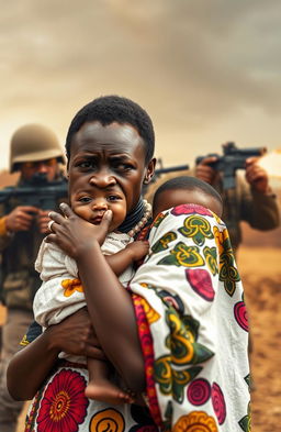 A worried Black woman dressed in modern African attire, featuring vibrant patterns and colors, is carrying a small child in her arms