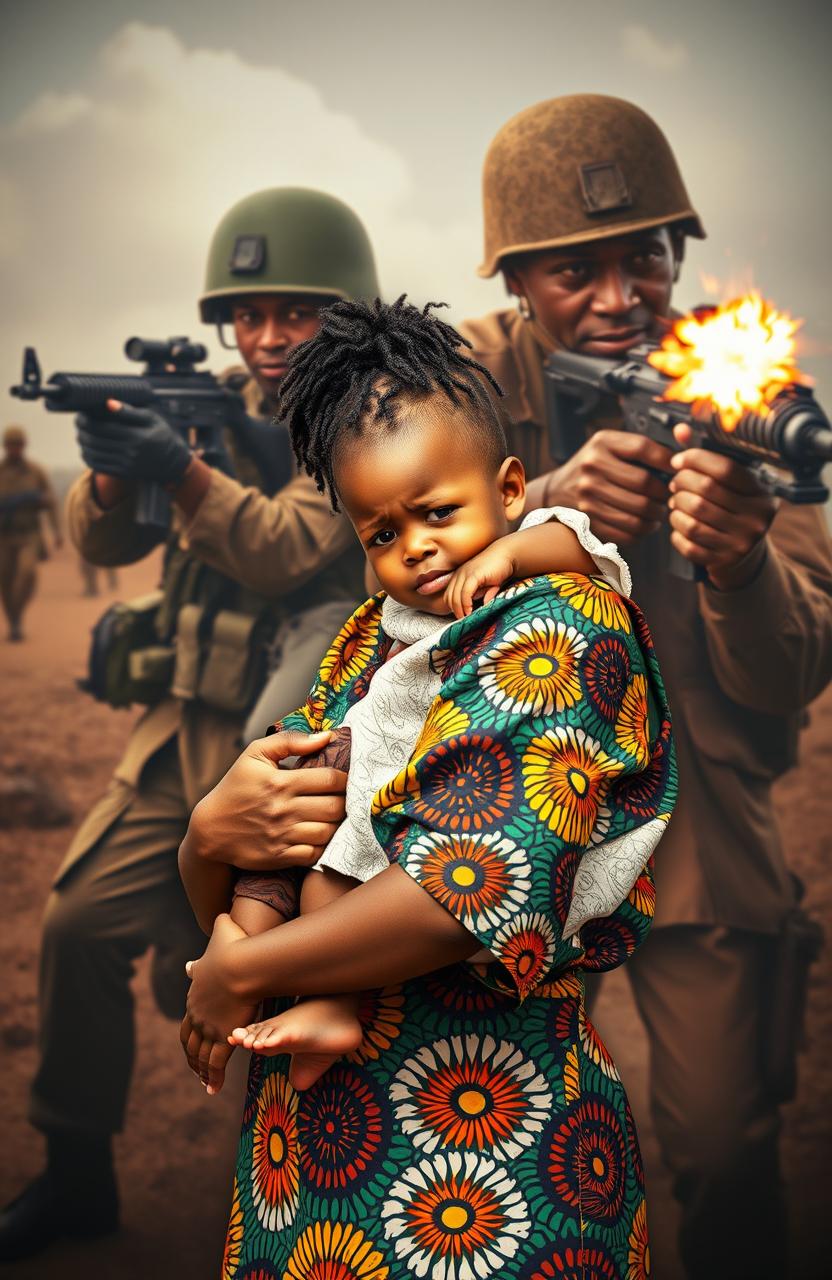 A worried Black woman dressed in modern African attire, featuring vibrant patterns and colors, is carrying a small child in her arms