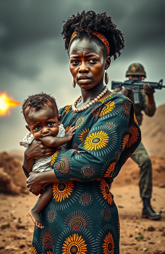 A worried Black woman dressed in modern African attire, featuring vibrant patterns and colors, is carrying a small child in her arms