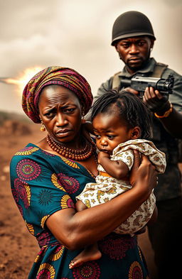 A worried Black woman dressed in modern African attire, featuring vibrant patterns and colors, is carrying a small child in her arms