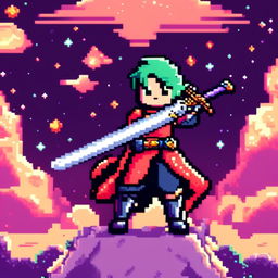 Pixel art profile picture featuring a standalone sword against a cosmic background.