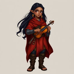 A standing hobbit with brown skin and long black hair, embodying the spirited essence of a bard