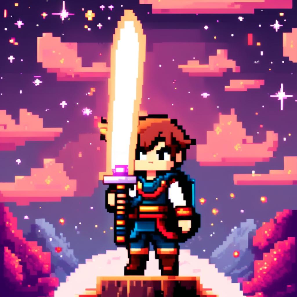 Pixel art profile picture featuring a standalone sword against a cosmic background.