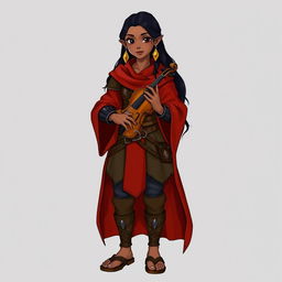 A standing hobbit with brown skin and long black hair, embodying the spirited essence of a bard