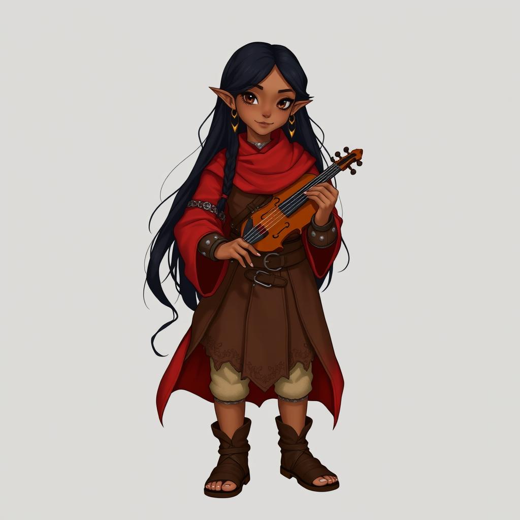 A standing hobbit with brown skin and long black hair, embodying the spirited essence of a bard