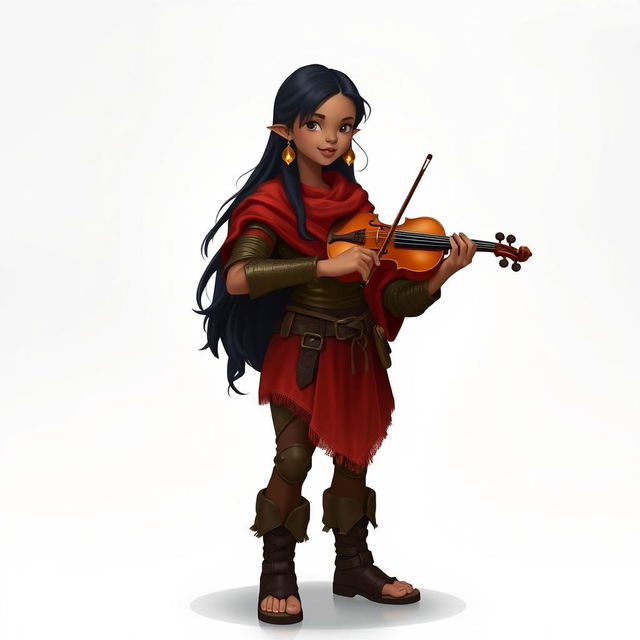 A standing hobbit with brown skin and long black hair, embodying the spirited essence of a bard