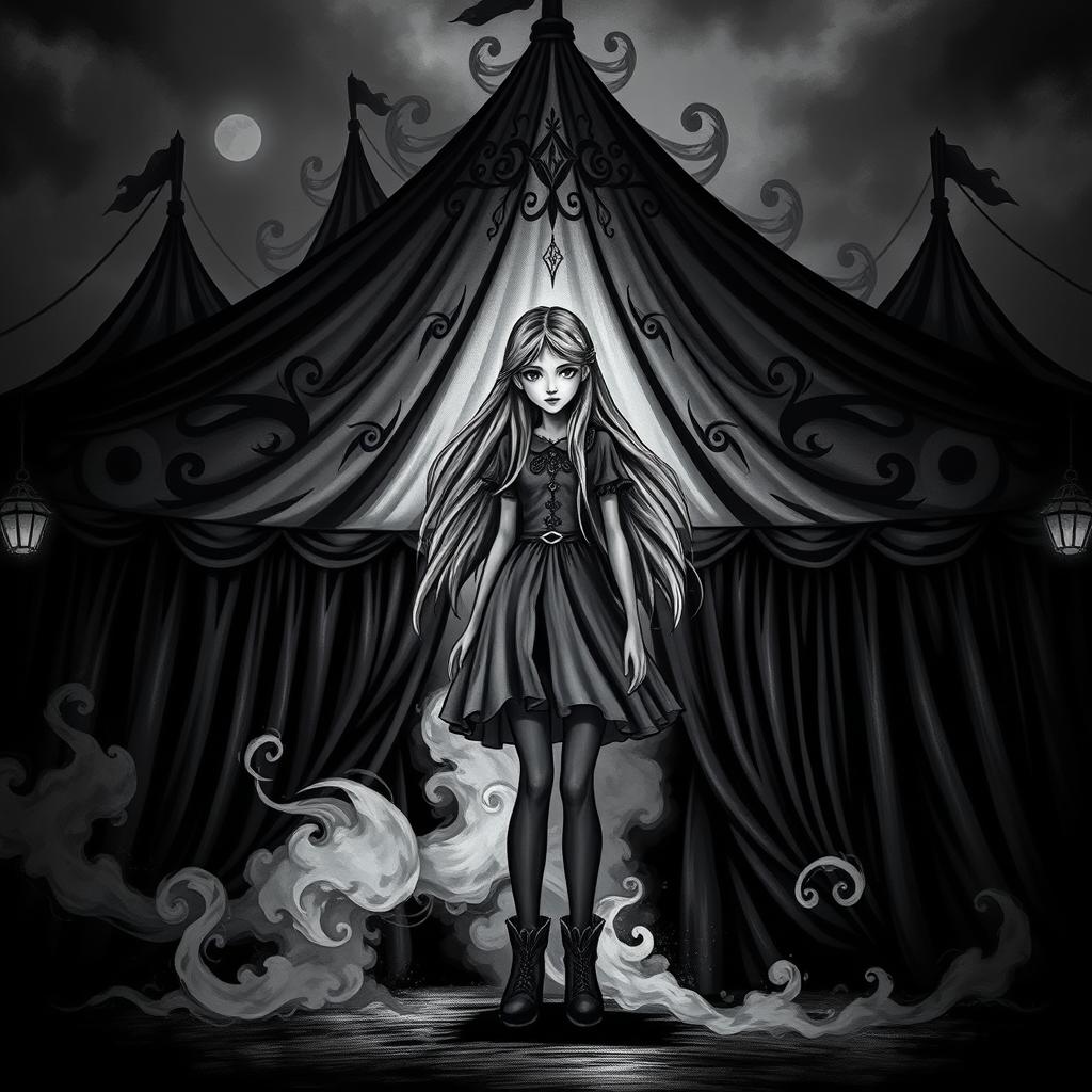 A dark and captivating fantasy circus book cover in black and white, featuring a girl with long, flowing hair as the principal character