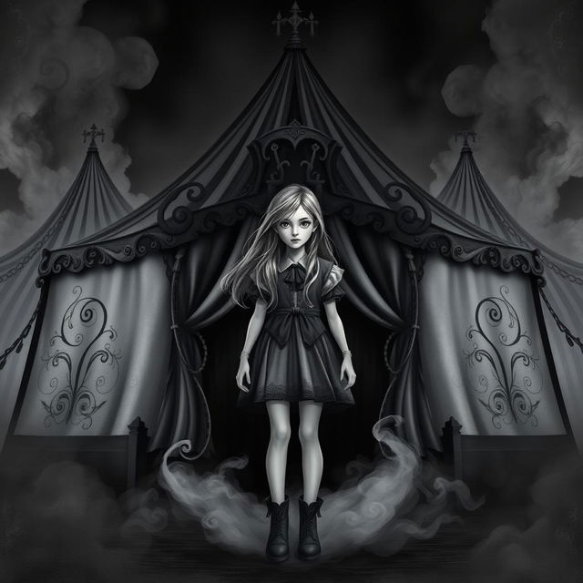 A dark and captivating fantasy circus book cover in black and white, featuring a girl with long, flowing hair as the principal character