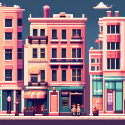 Pixel art profile picture featuring a cityscape inspired by Wes Anderson's unique aesthetic, with pastel buildings, symmetrical design, and quirky details