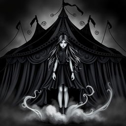 A dark and captivating fantasy circus book cover in black and white, featuring a girl with long, flowing hair as the principal character