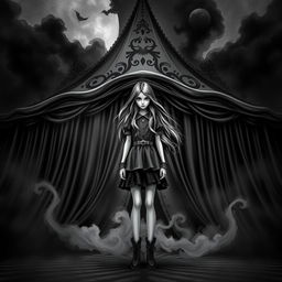 A dark and captivating fantasy circus book cover in black and white, featuring a girl with long, flowing hair as the principal character