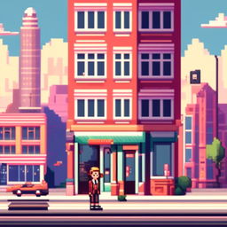 Pixel art profile picture featuring a cityscape inspired by Wes Anderson's unique aesthetic, with pastel buildings, symmetrical design, and quirky details