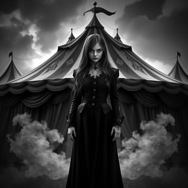 A dark and captivating fantasy circus book cover in black and white, featuring a commanding girl with long hair as the principal character