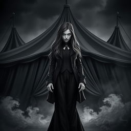 A dark and captivating fantasy circus book cover in black and white, featuring a commanding girl with long hair as the principal character