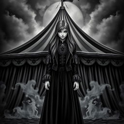 A dark and captivating fantasy circus book cover in black and white, featuring a commanding girl with long hair as the principal character