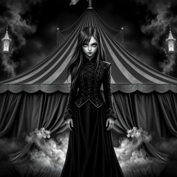A dark and captivating fantasy circus book cover in black and white, featuring a commanding girl with long hair as the principal character