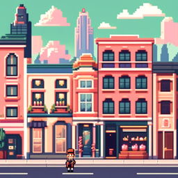 Pixel art profile picture featuring a cityscape inspired by Wes Anderson's unique aesthetic, with pastel buildings, symmetrical design, and quirky details