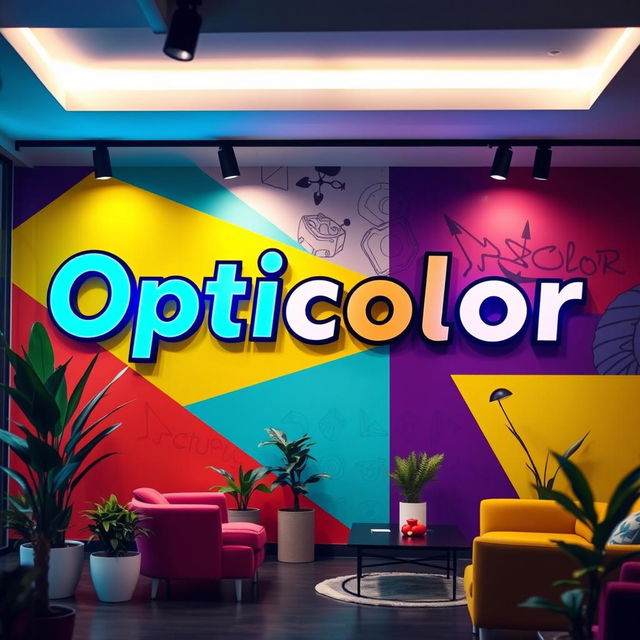 A vibrant and eye-catching interior scene featuring a large, stylish sign that says 'Opticolor' prominently displayed on a wall