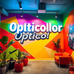 A vibrant and eye-catching interior scene featuring a large, stylish sign that says 'Opticolor' prominently displayed on a wall