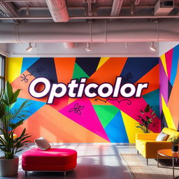 A vibrant and eye-catching interior scene featuring a large, stylish sign that says 'Opticolor' prominently displayed on a wall
