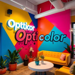 A vibrant and eye-catching interior scene featuring a large, stylish sign that says 'Opticolor' prominently displayed on a wall