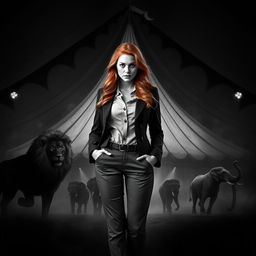 A striking dark fantasy circus book cover in black and white, featuring a woman with long ginger hair as the principal character