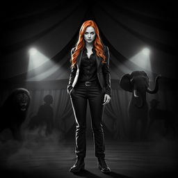 A striking dark fantasy circus book cover in black and white, featuring a woman with long ginger hair as the principal character